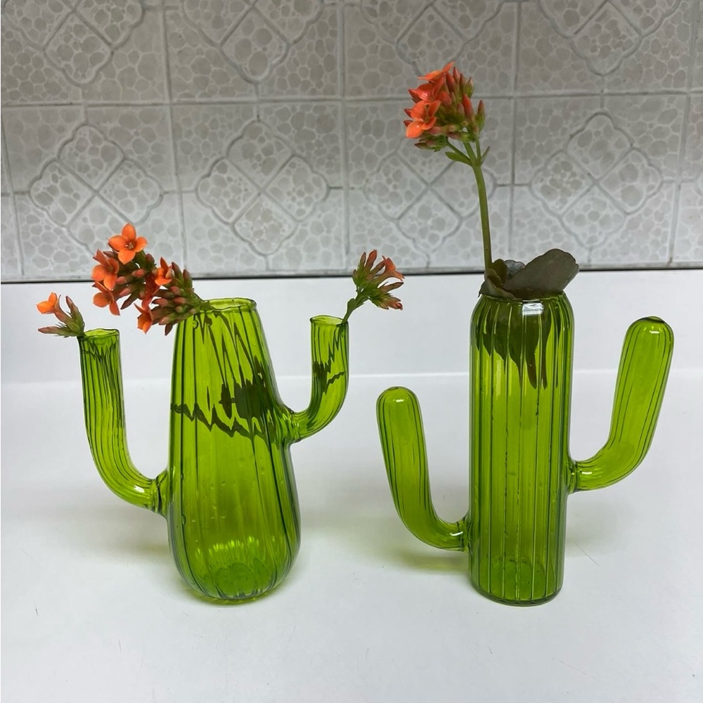 Green Cactus Glass Vase Pair - Decorative Home Accent